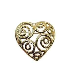 Gold Tone Heart Swirl Pin Brooch With Openwork Design Vintage